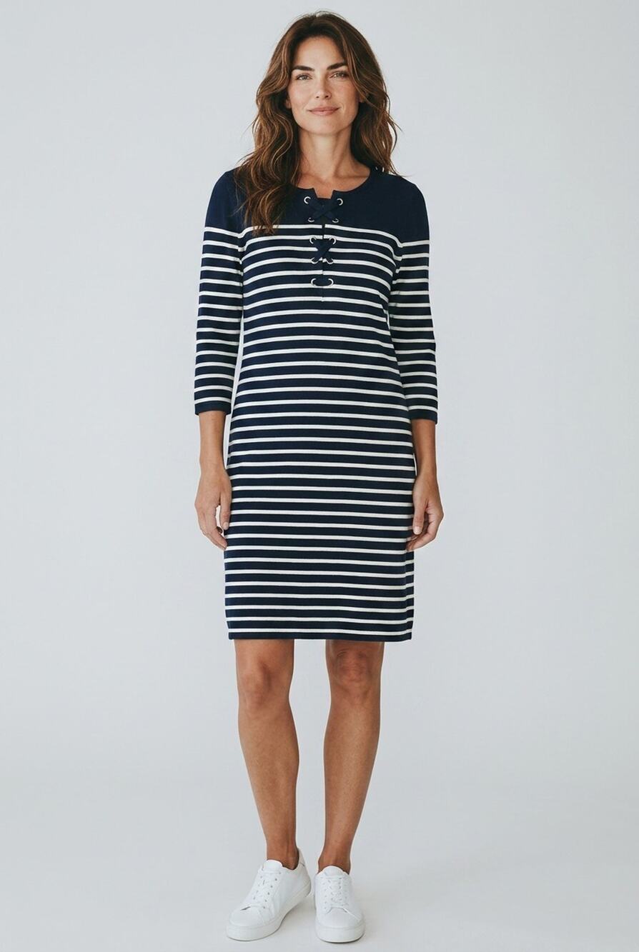 Talbots Sweater Dress Women Medium Stripped Cotton Blend Stretch 3/4 Sleeve Midi